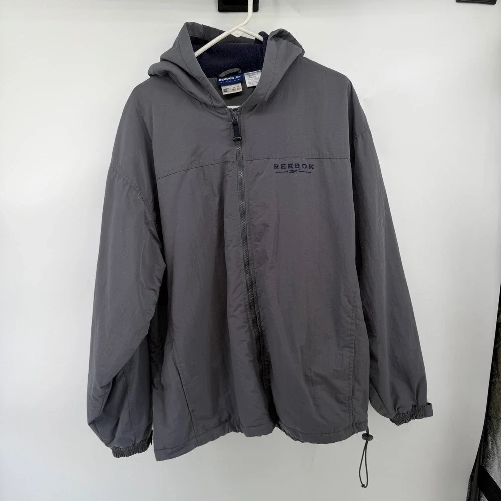 Reebok Vintage Gray Hooded Windbreaker Fleece Lined Jacket Mens Medium 0199